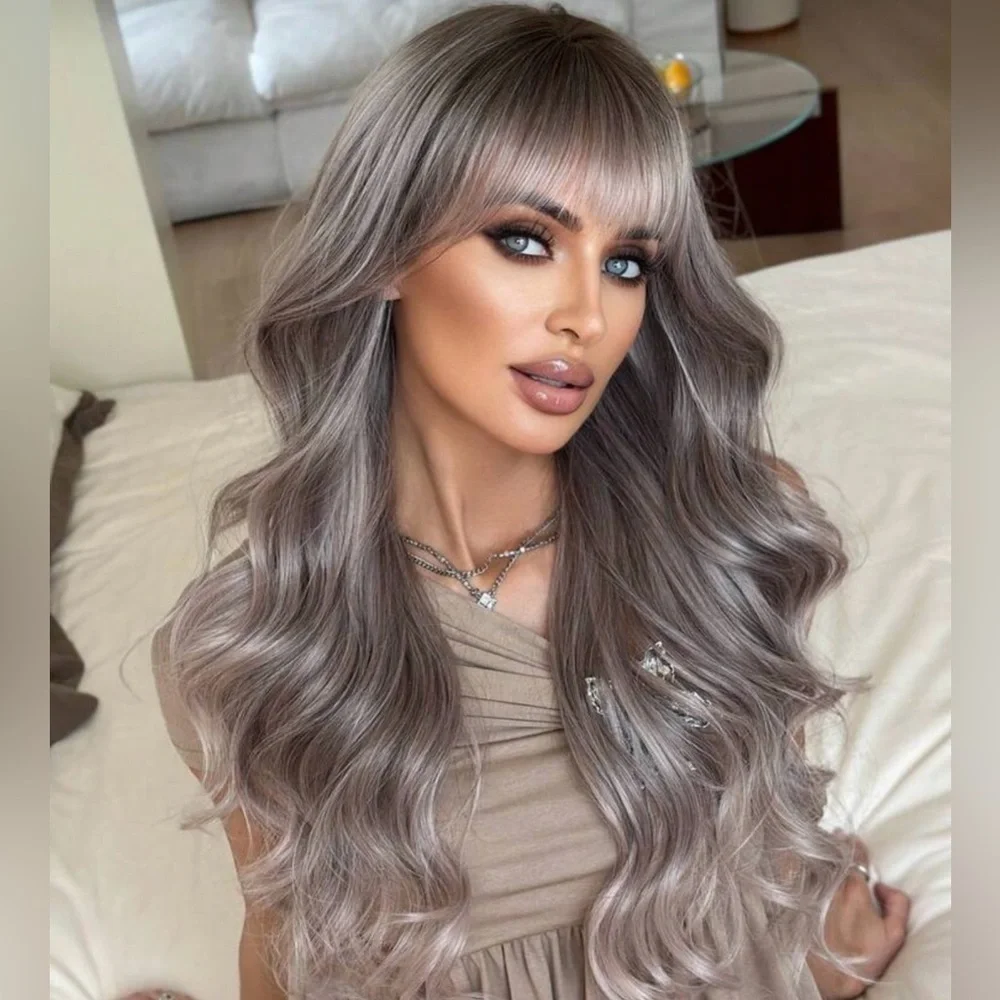26” Long Wavy Synthetic Wig with Bangs – Ash Brown / Smoky Blonde Blend